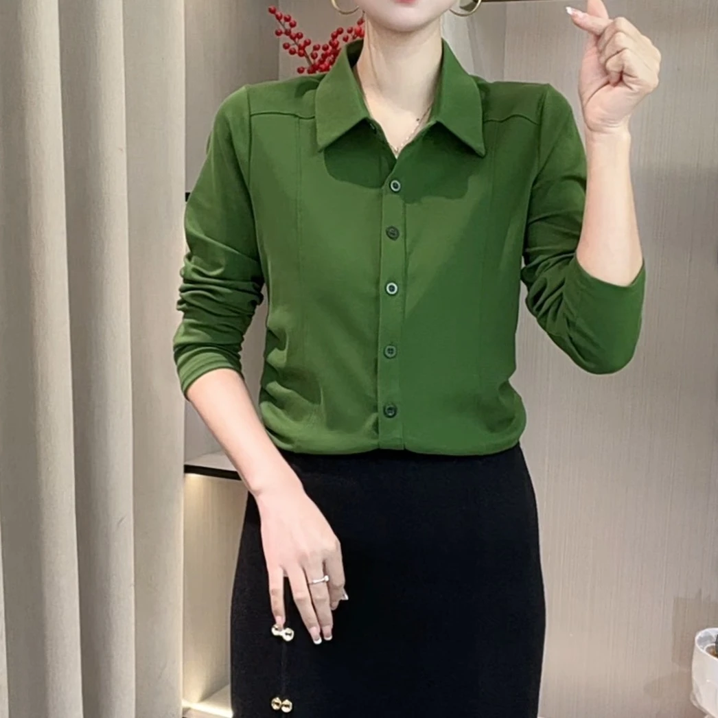 2025新品吸汗长袖修身纯色衬衫气质时尚百搭女士洋气春季女装上衣