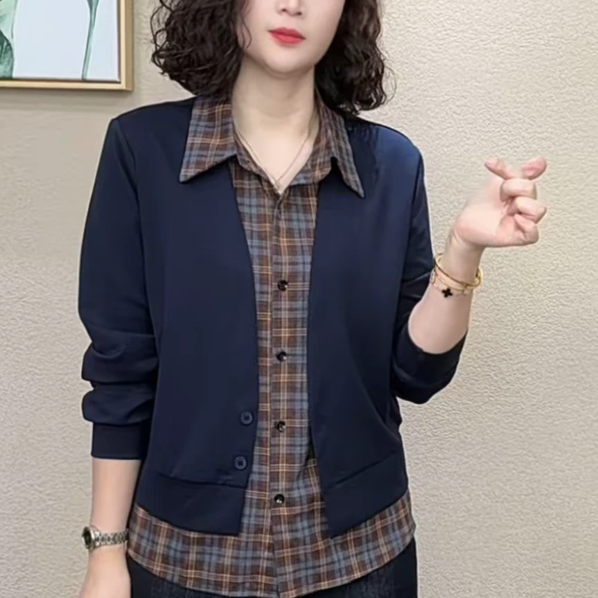 秋季新款时尚洋气长袖卫衣显瘦减龄休闲拼接格子假两件衬衫领上衣