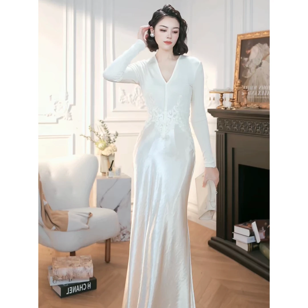 XUANYAN 气质优雅风纯色长款简约显瘦连衣裙