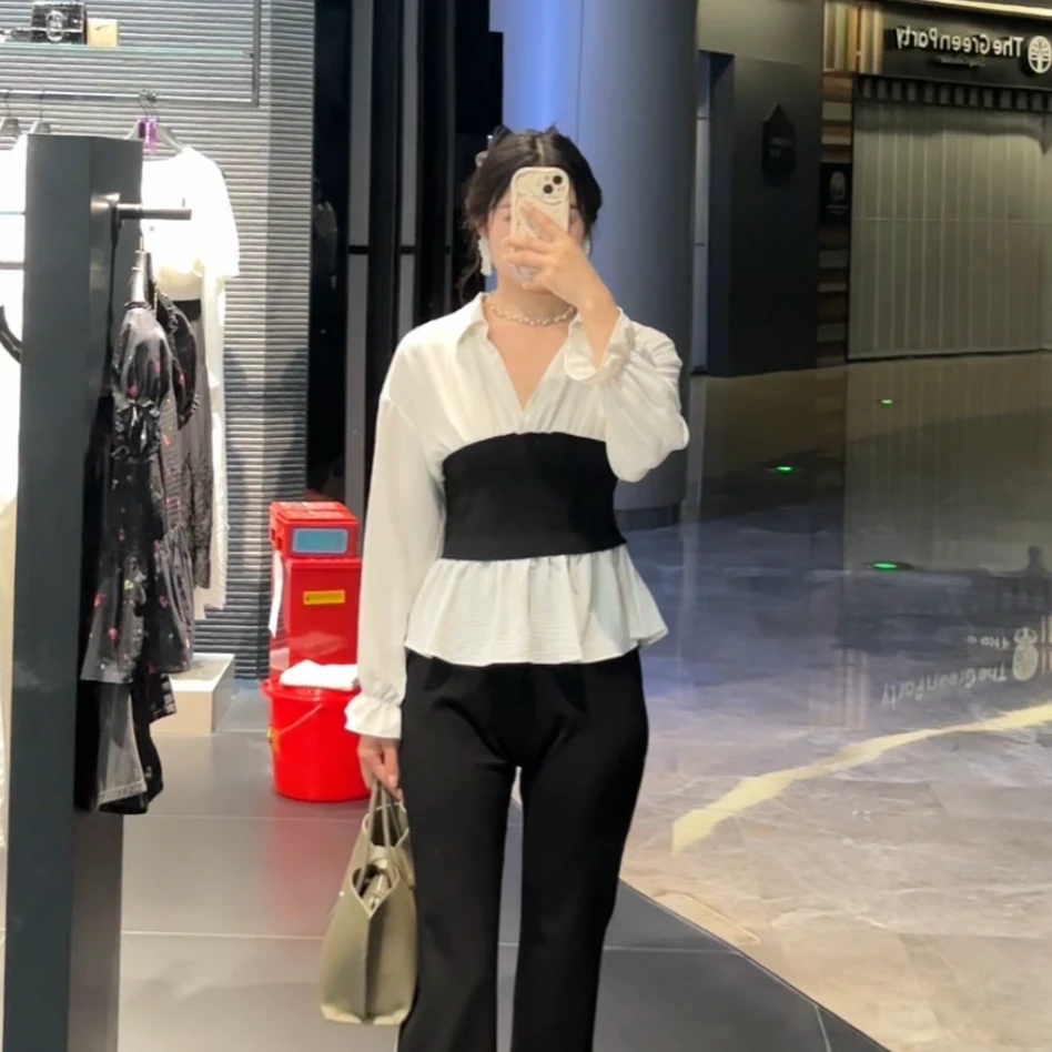 圣迪奥女装时尚气质OL风V领撞色拼接雪纺白色衬衫S21380531