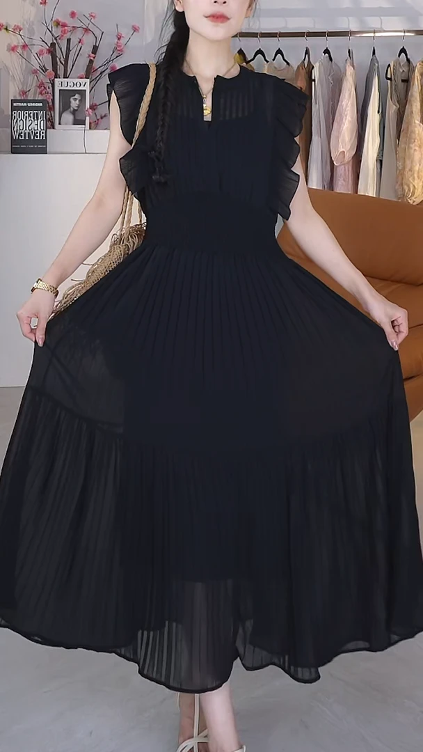 【小美专属】法式甜美风杏色小飞袖收腰显瘦夏季气质长裙连衣裙