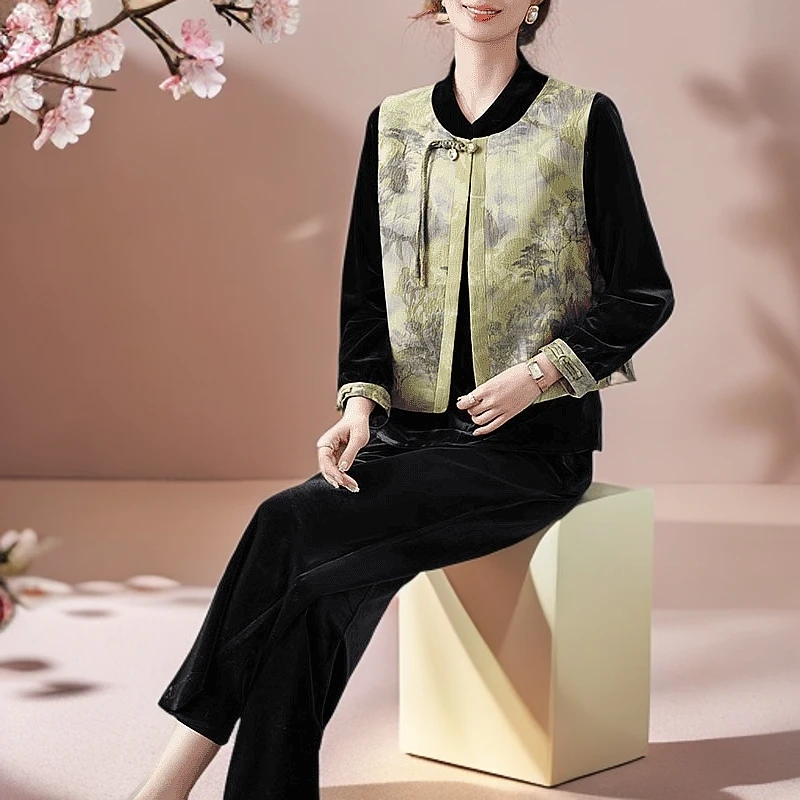 新中式妈妈春装国风三件套2025新款中老年女春秋阔太太金丝绒套装