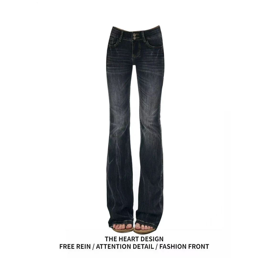 重工渐变洗水闪电纹弹力微喇牛仔裤女秋美式复古低腰修身辣妹长裤