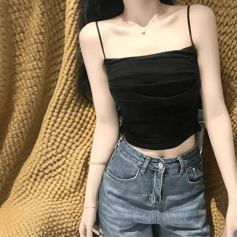 纯欲细吊带背心女夏秋季2025新款带胸垫褶皱内搭短款打底美背上衣