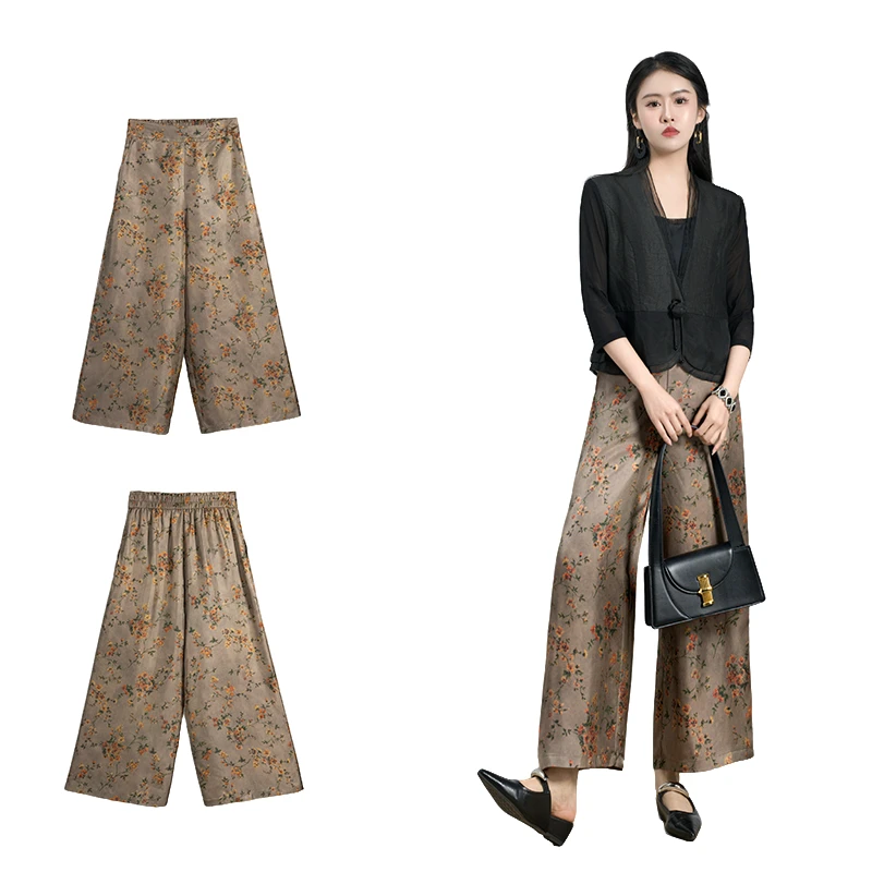 （花团）真丝印花夏季清凉国风百搭日常女士碎花直筒裤-60498