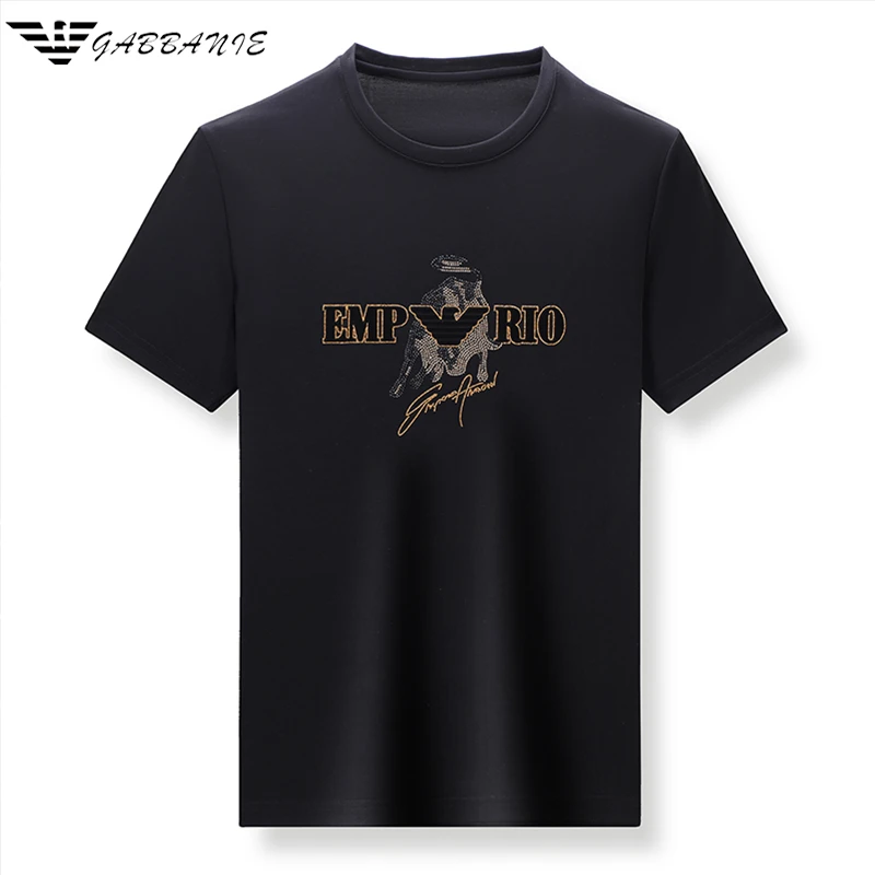 意大利专柜正品男士短袖t恤桑蚕丝圆领夏季时尚休闲百搭烫钻半袖