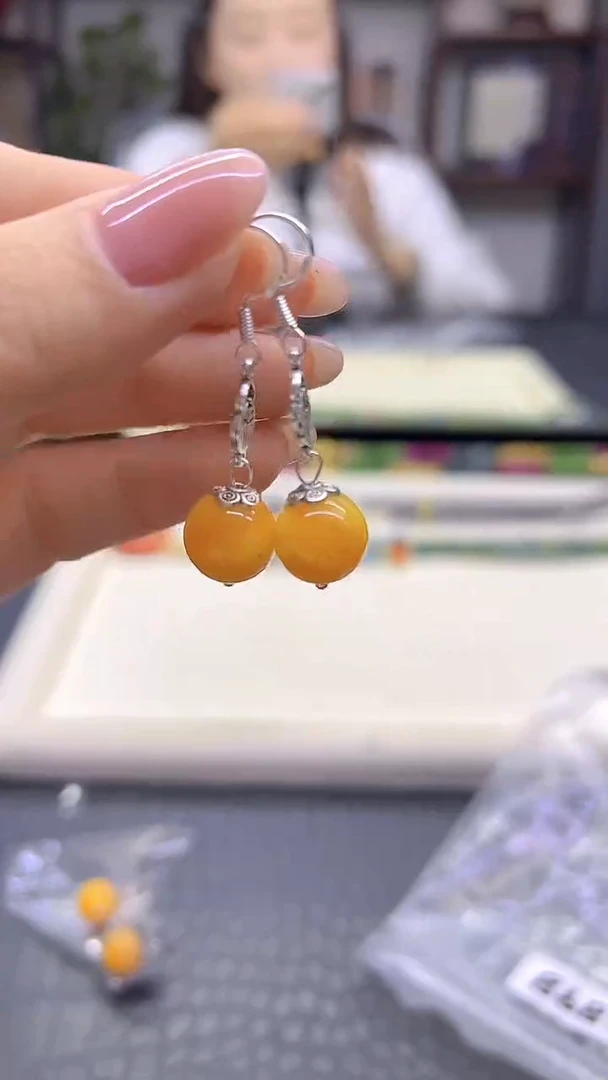 蜜蜡银S925镶嵌耳饰DIY款E898