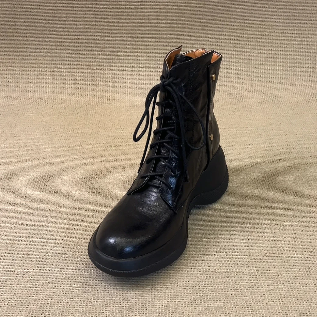 RubyL/6.5cm通勤复古英伦风舒适百搭系带后拉链圆头厚底短靴女款