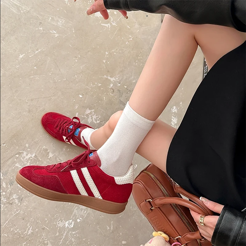 正品复古红色德训鞋女款增高厚底板鞋2025新款情侣运动休闲鞋牛皮