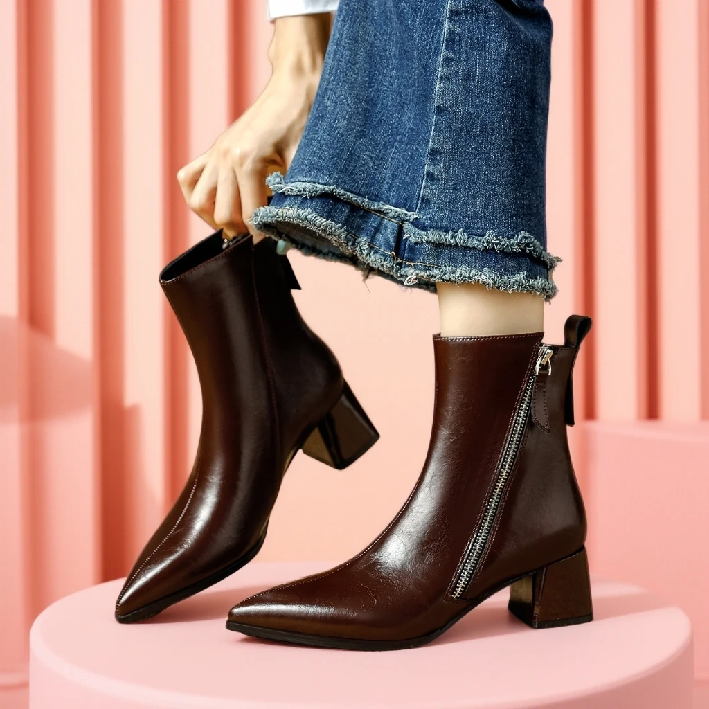 软皮版高跟短靴女靴2025年新款粗跟切尔西靴秋冬女鞋加绒上班鞋子