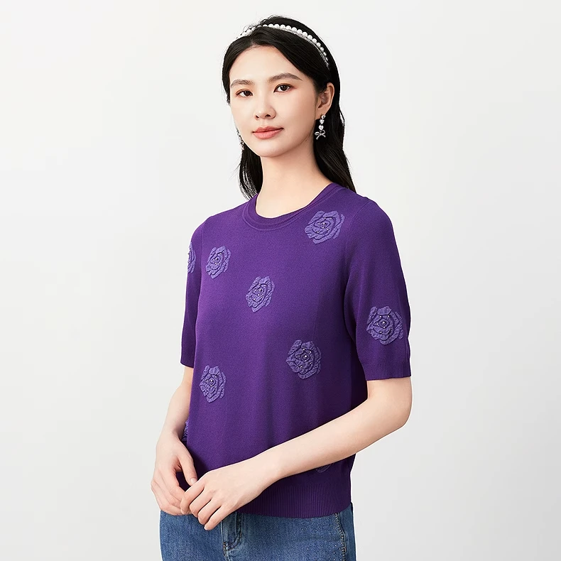 【晨粉专享价】珂莱蒂尔玫瑰提花优雅通勤百搭针织衫女KZ03524R8