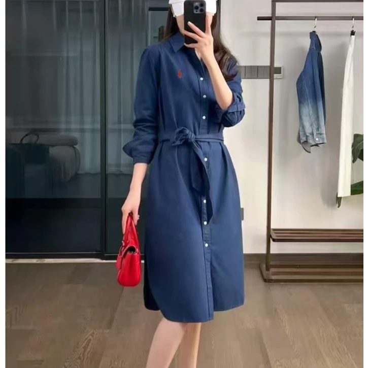 小马时尚女士配腰带衬衫式翻领长袖连衣裙衬衫裙显瘦气质 P0