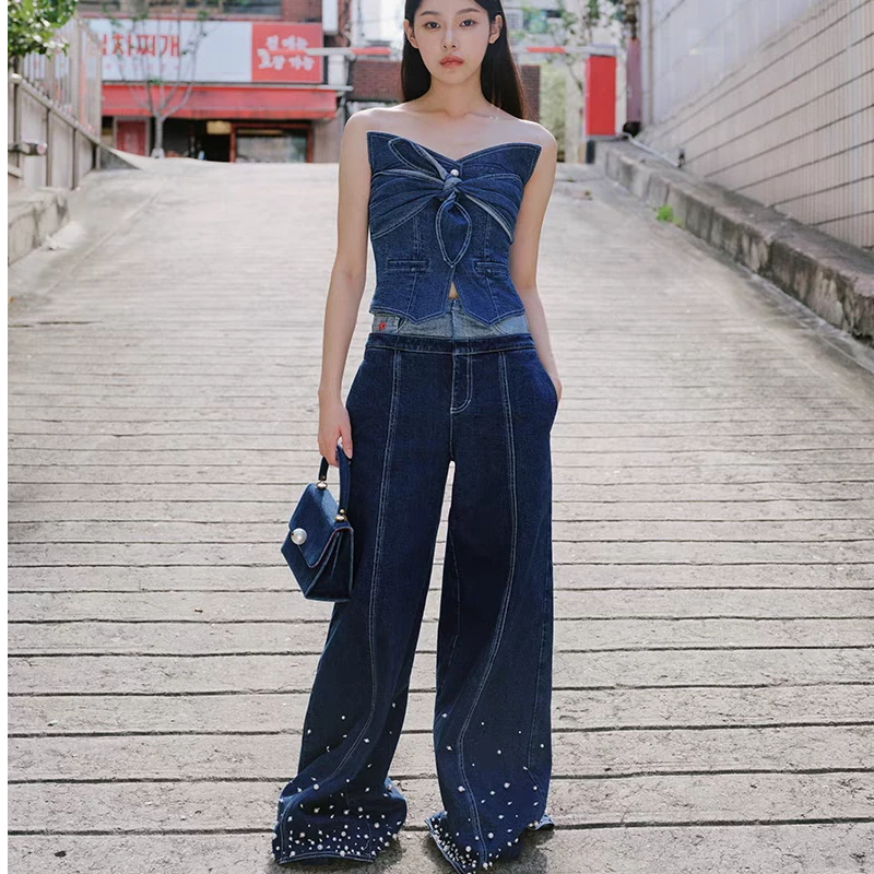 ORA GENESIS 设计师品牌【output】双色腰头珠饰阔腿牛仔裤