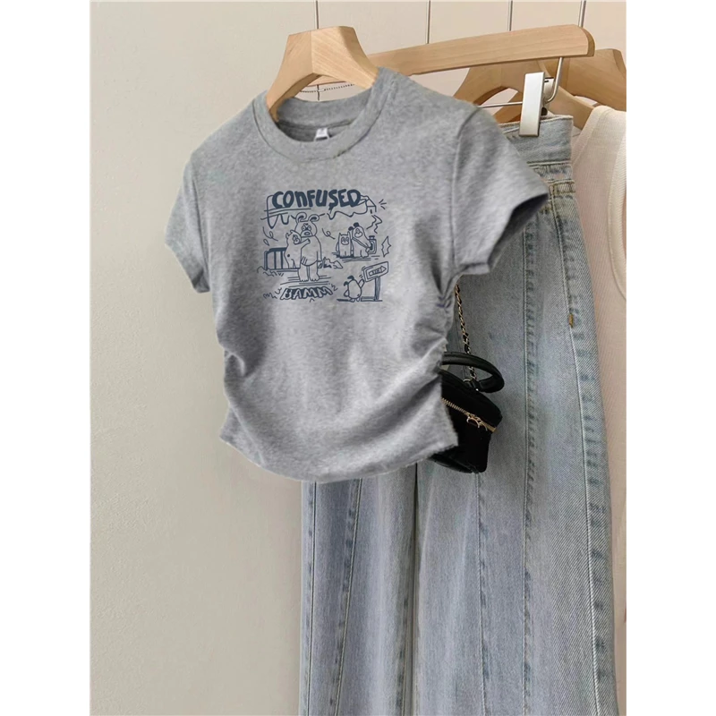 短袖t恤女设计感褶皱收腰短款2025夏季新款小个子150修身棉质上衣