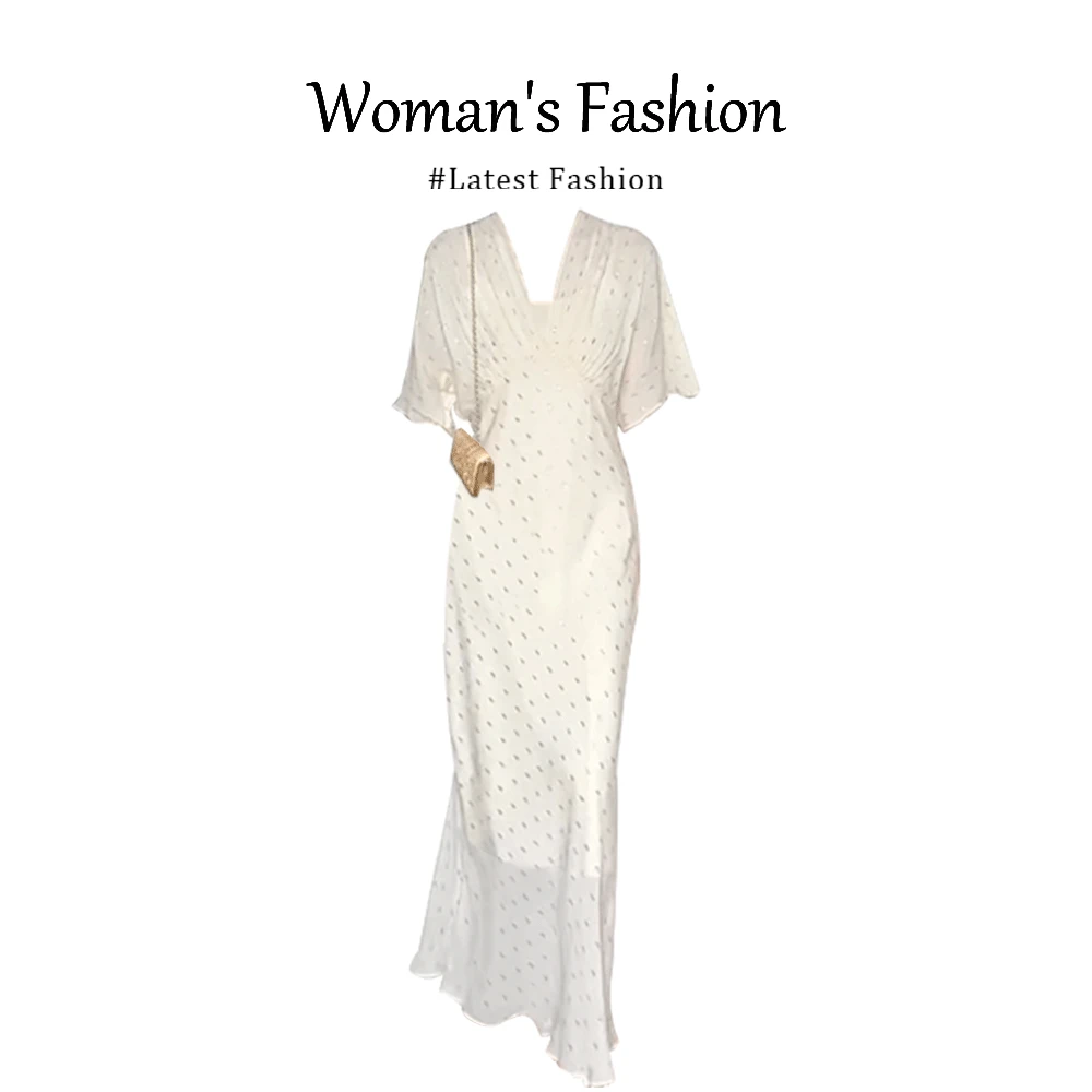 parkyeon法式轻奢优雅气质V领波点连衣裙女温婉大方修身显瘦长裙