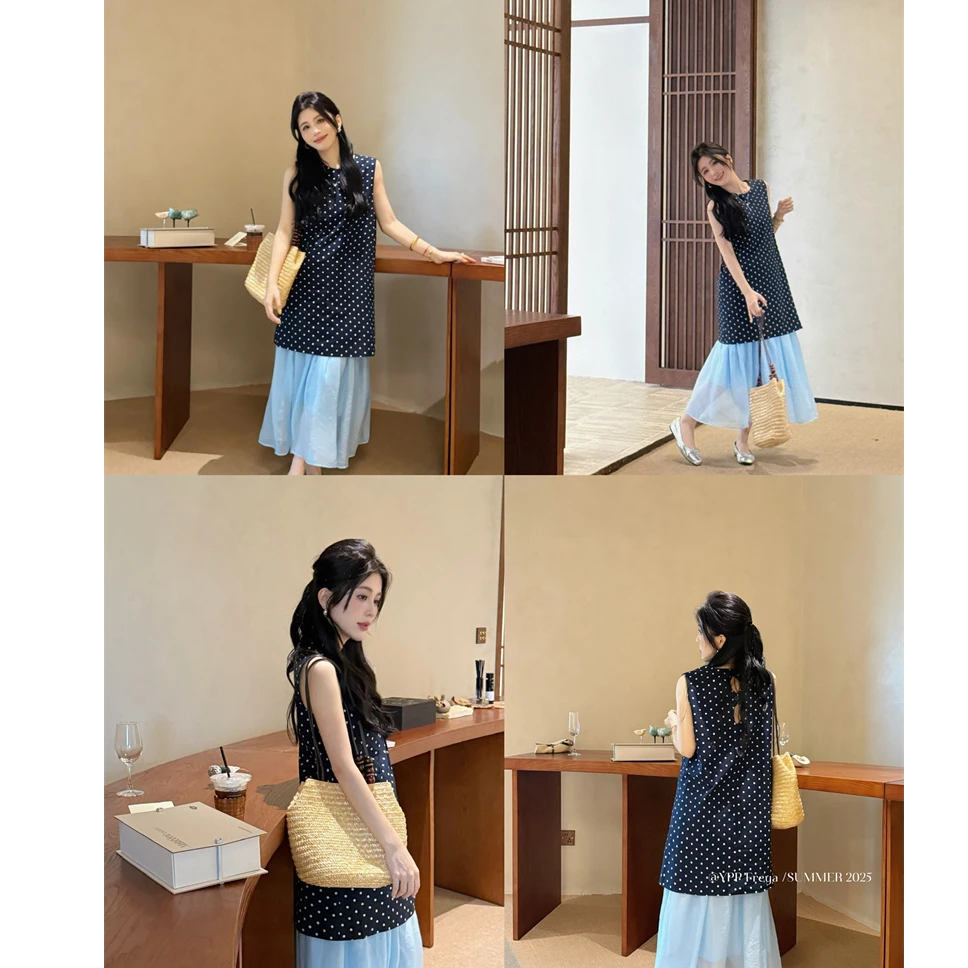 YPP!【点点夏日】韩系简约气质小众撞色显白又显瘦波点套装裙