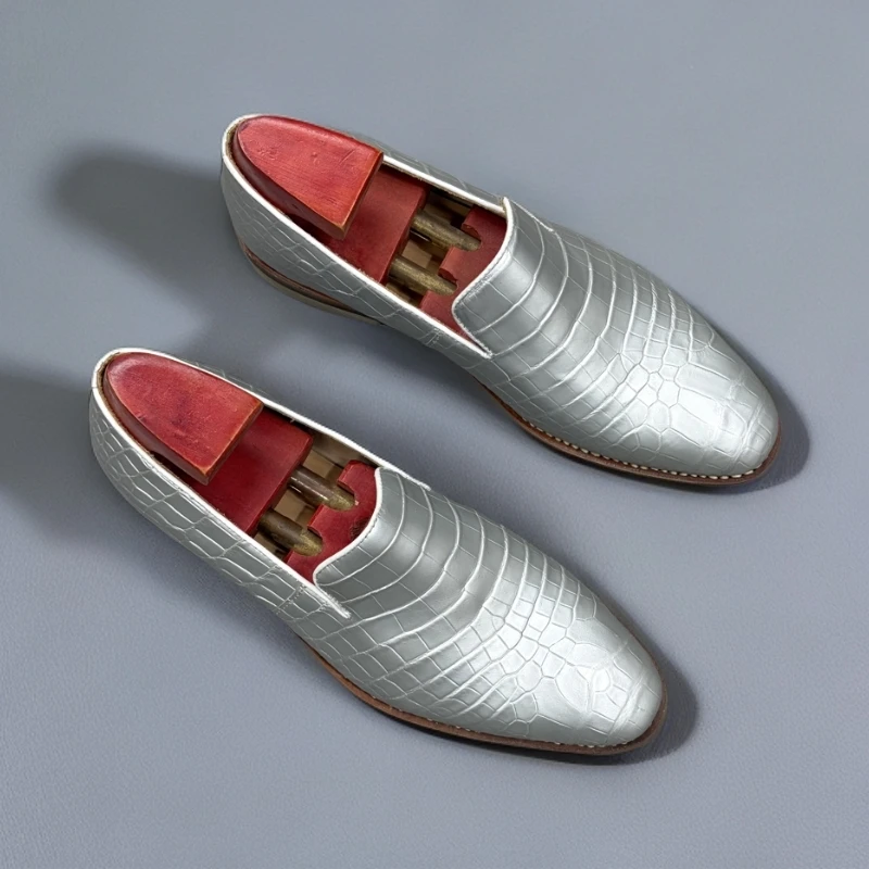 岩石灰色H家预用皮厂兴隆进口美洲鳄鱼皮高端男士老钱风乐福鞋