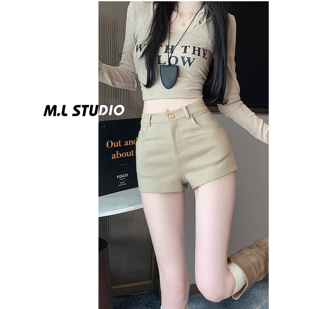 （现货+运费险）夏季高腰牛仔百搭夏季杏色A字牛仔无弹短裤短裤韩版