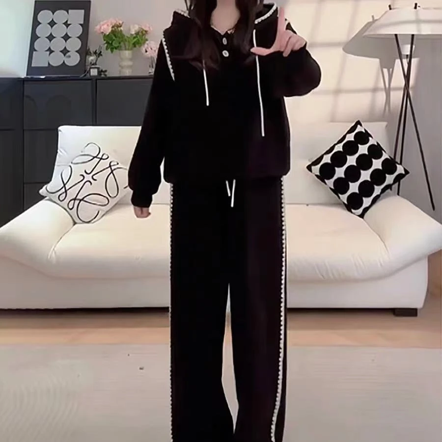 大码秋季韩系慵懒风撞色休闲连帽卫衣长裤两件套胖mm巨显瘦两件套