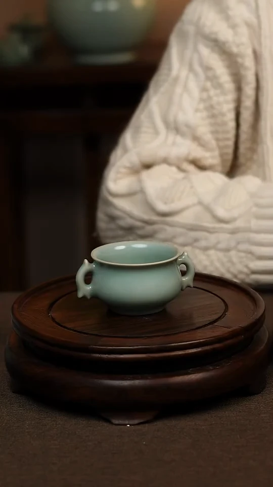 瓷片牧*仿古天青全手工双耳杯60ml 微瑕 不带礼盒