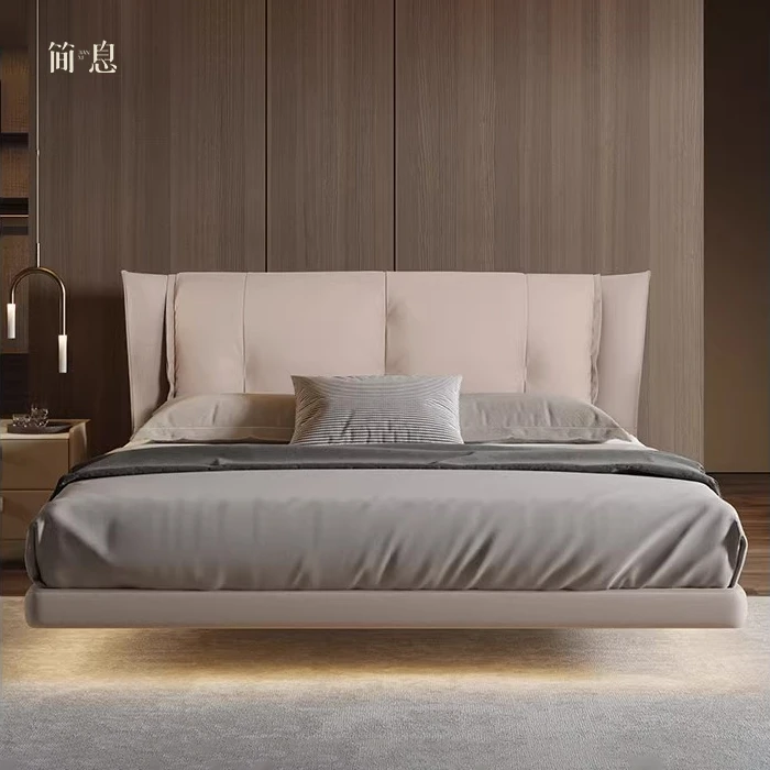 简息榻榻米家用皮艺床皮床时尚轻奢型感应灯艺术风格型意式