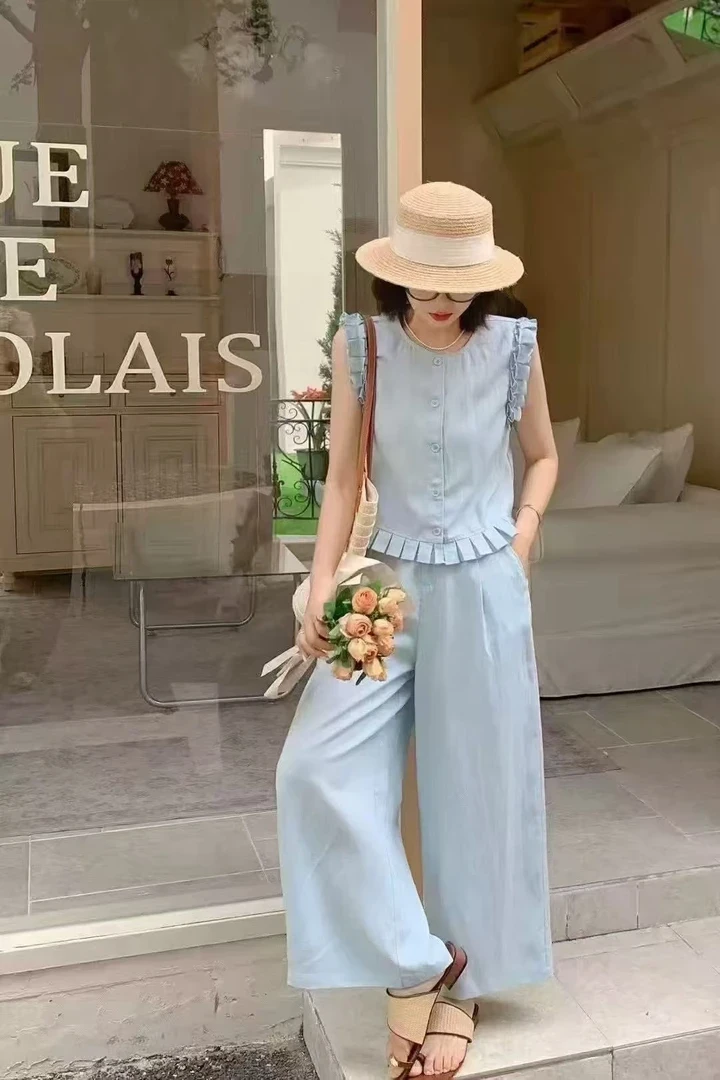 欧洲站2025夏木耳边无袖马甲背心阔腿休闲裤两件套1449