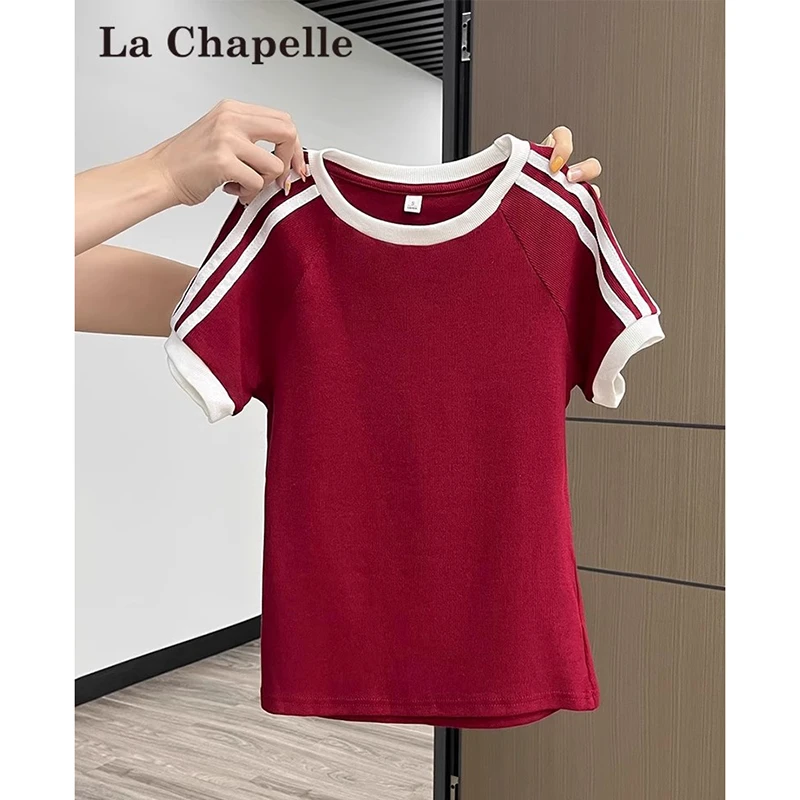 拉夏贝尔美式甜辣正肩短款酒红短袖T恤女夏季百搭通勤辣妹chic纯