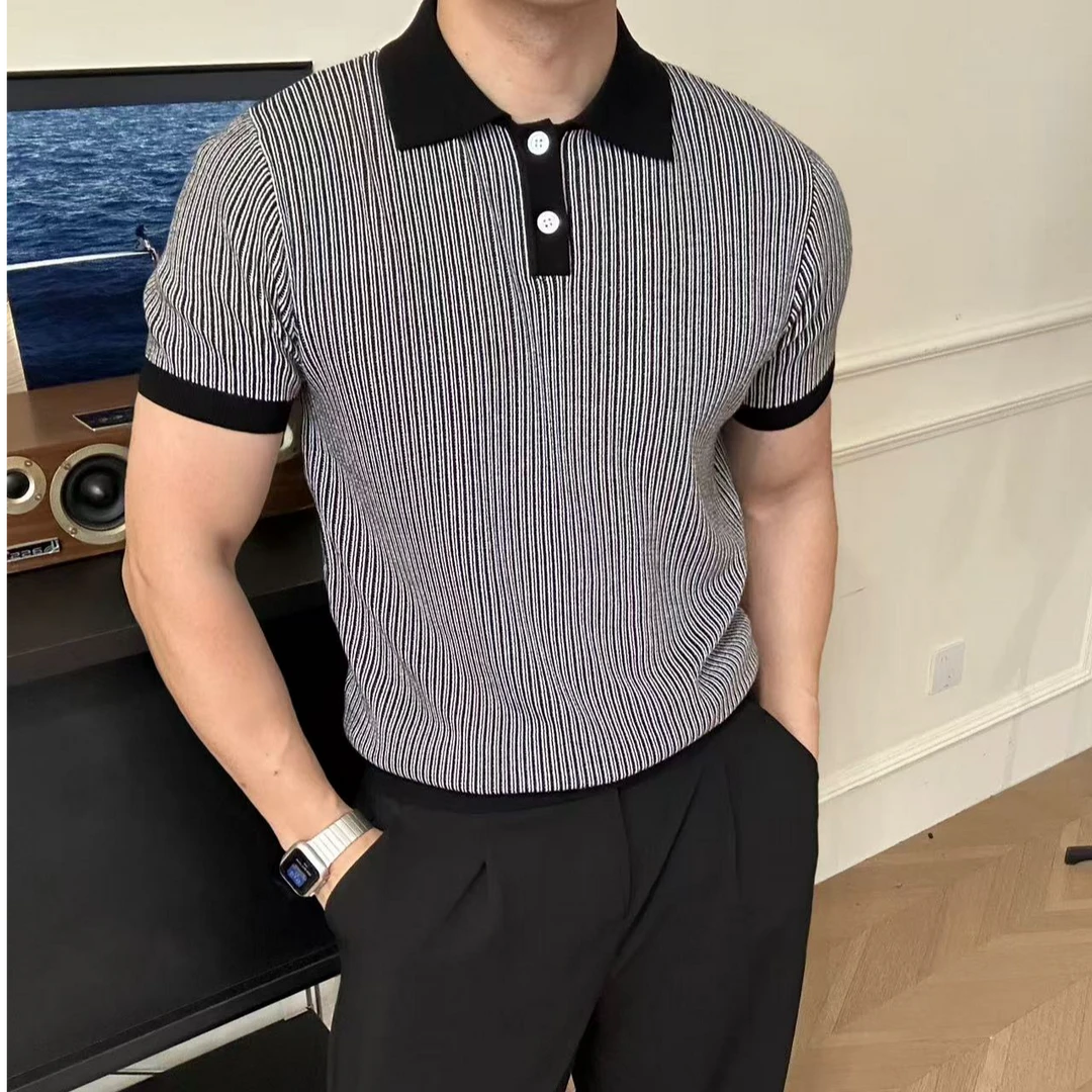 2025春夏韩版高档肌理感针织修身翻领polo衫休闲百搭短袖