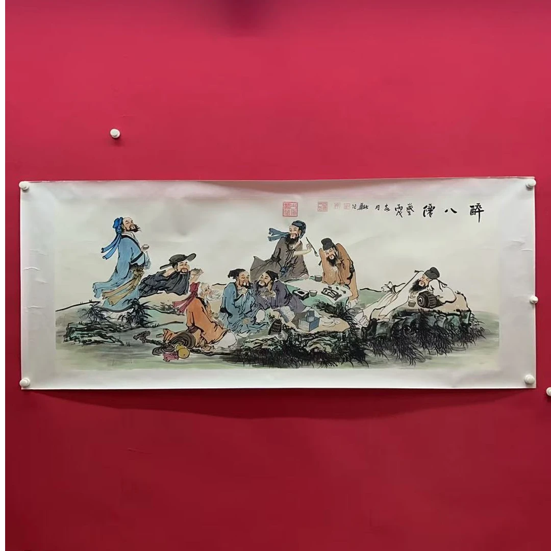 李新社六尺横幅手绘宣纸醉八仙人物画