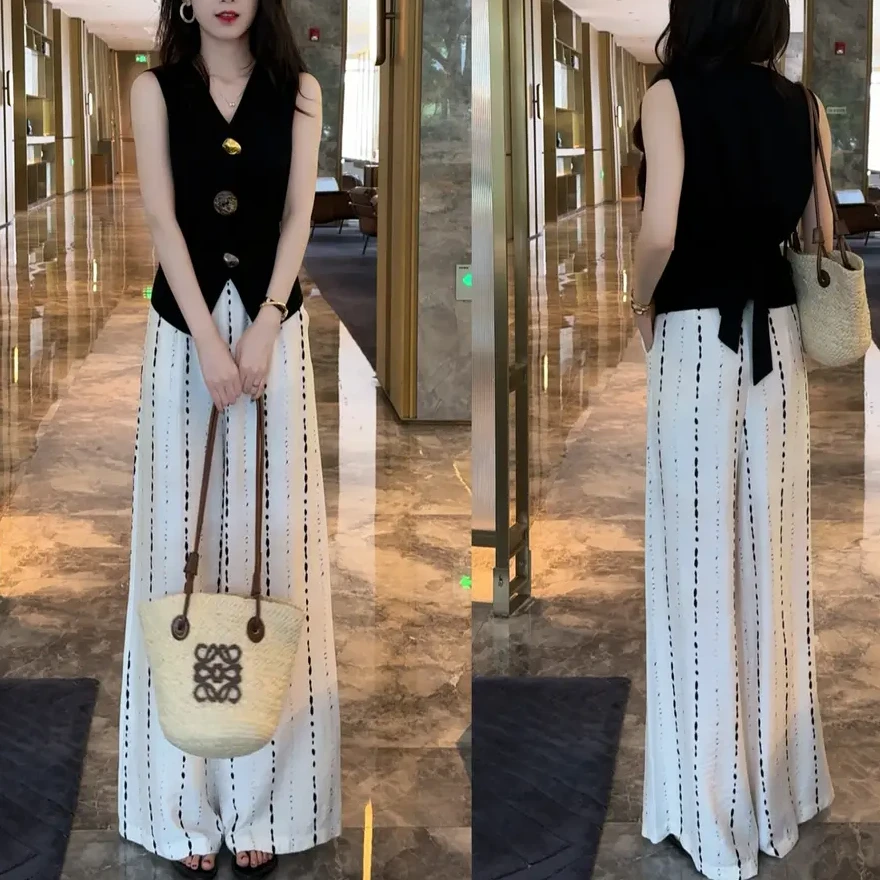 夏季新款马甲薄款外搭无袖背心上衣+百搭显瘦减龄休闲裤套装