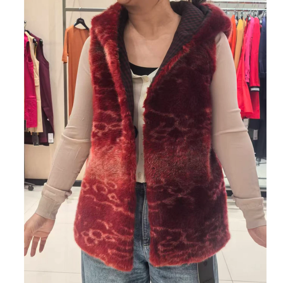 人造皮草 无袖豹纹中长款连帽人造皮草大衣通勤风加厚5001-400370