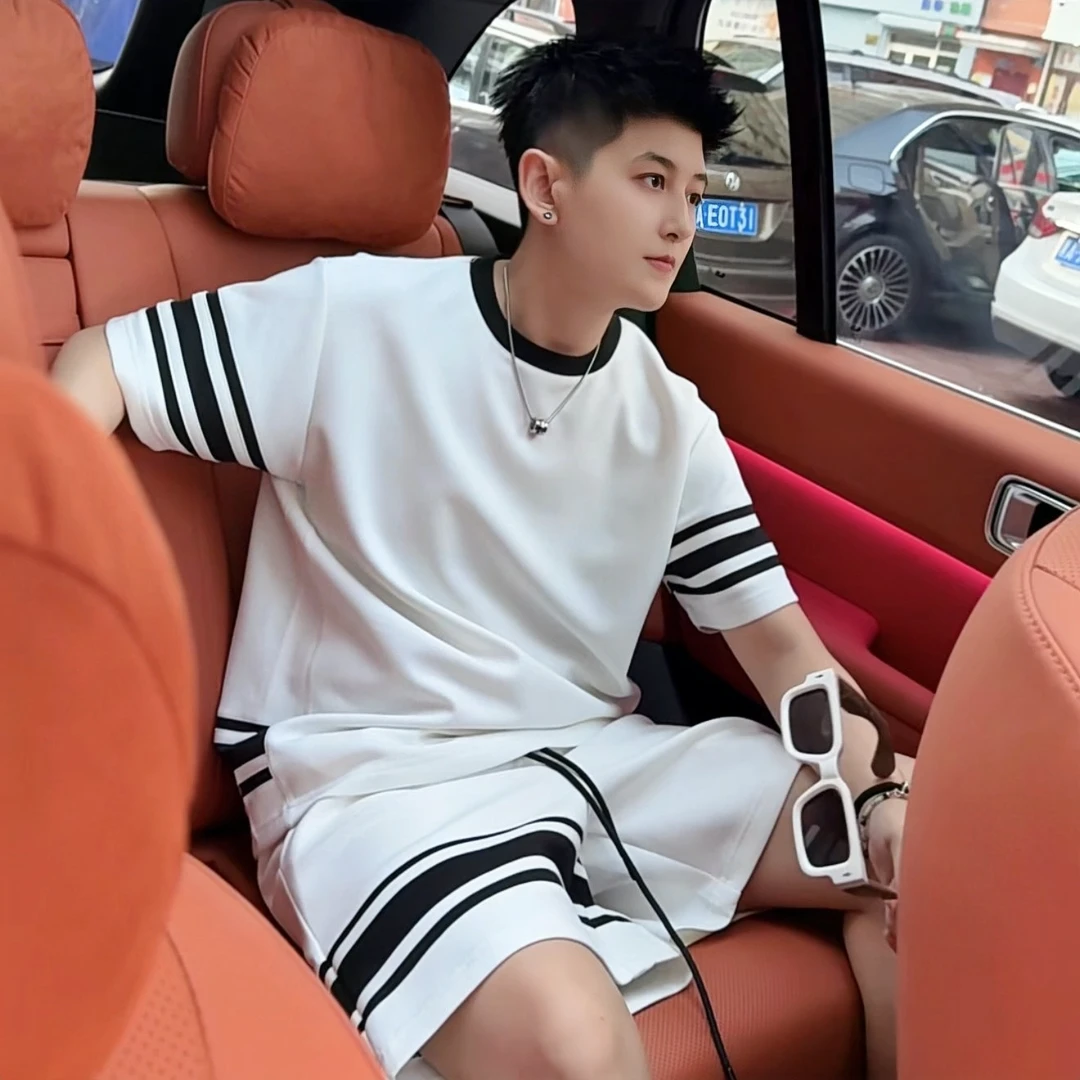 夏季拼接撞色动感棉休闲套装