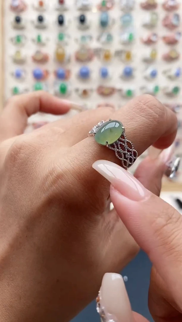 【闪购商品】翡翠戒指银S925镶嵌缅甸天然A货翡翠222  4+2