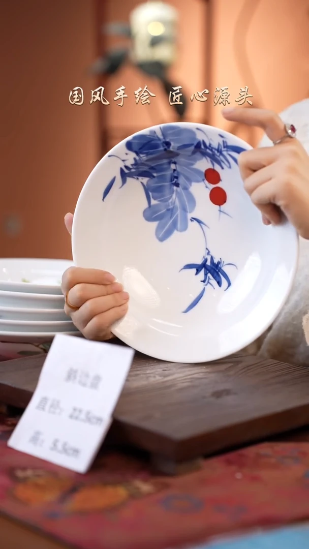 陶瓷景德镇釉中彩餐具斜边盘直径22.5高5.5