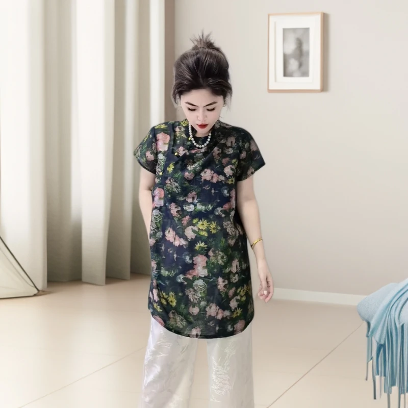 新中式宽松衬衫气质印花时尚夏季立领重磅斜襟