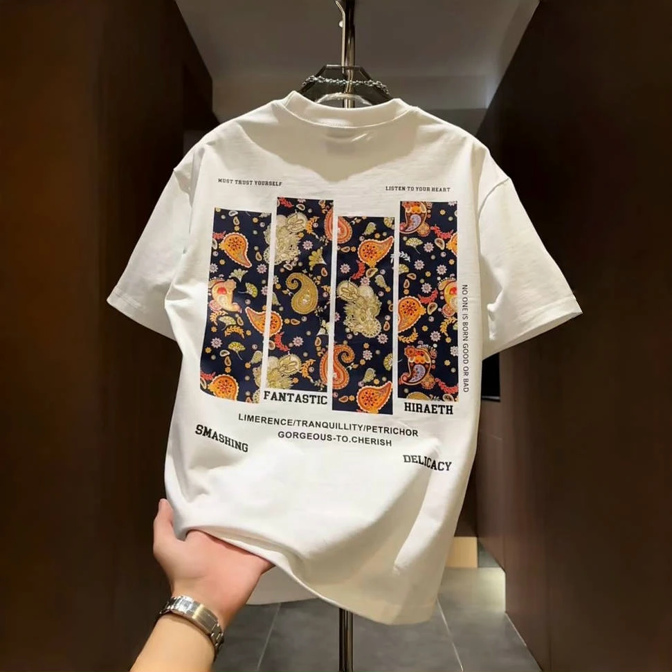 特大码300斤短袖T恤男士美式痞帅腰果花休闲夏季新款纯棉印花圆领