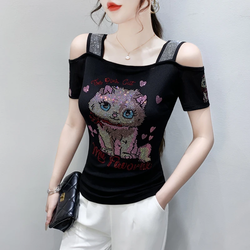 YX-822夏季新款重工镶钻双层冰丝网纱短袖时尚露肩美背小衫女潮