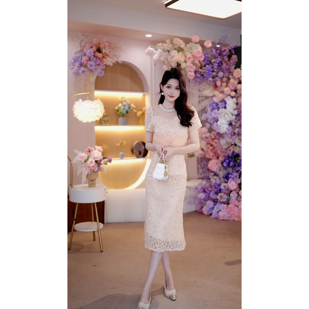 夏季新款时尚轻奢气质法式短袖名媛修身显瘦包臀法式连衣裙6179