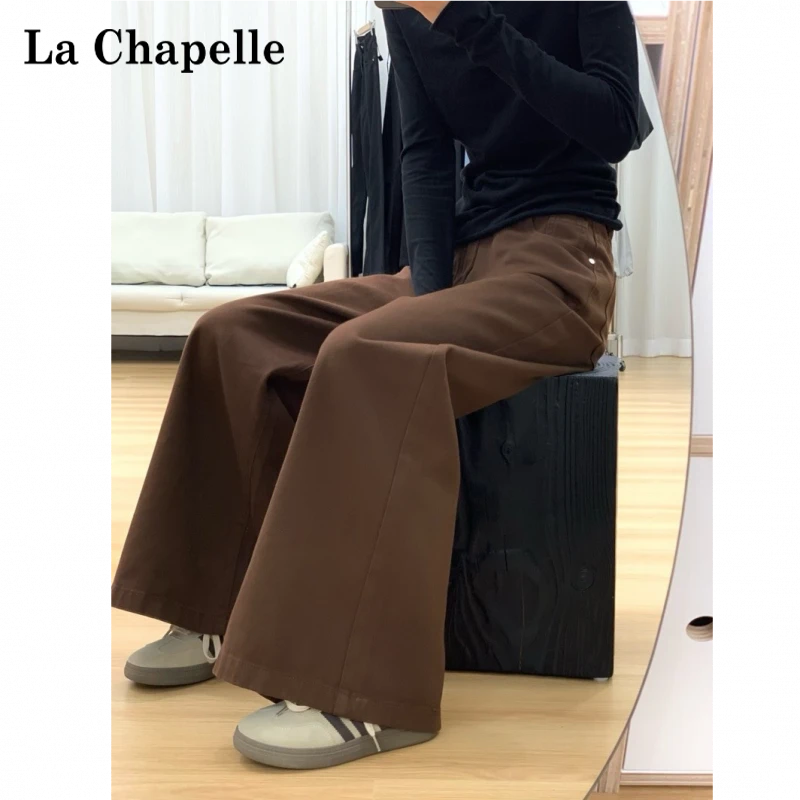 拉夏贝尔美式咖啡棕阔腿牛仔裤女秋季2025高端新款裤子显瘦直筒裤