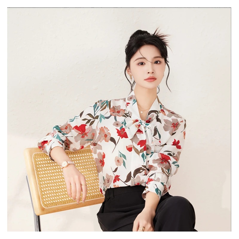 【墨枝】气质系带领印花百搭桑蚕丝衬衣S9007698