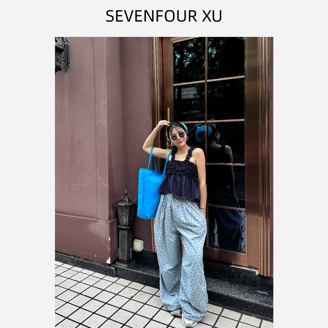 吉吉【一路繁花】百搭别致碎花工装裤蕾丝松紧腰阔腿休闲裤#2781