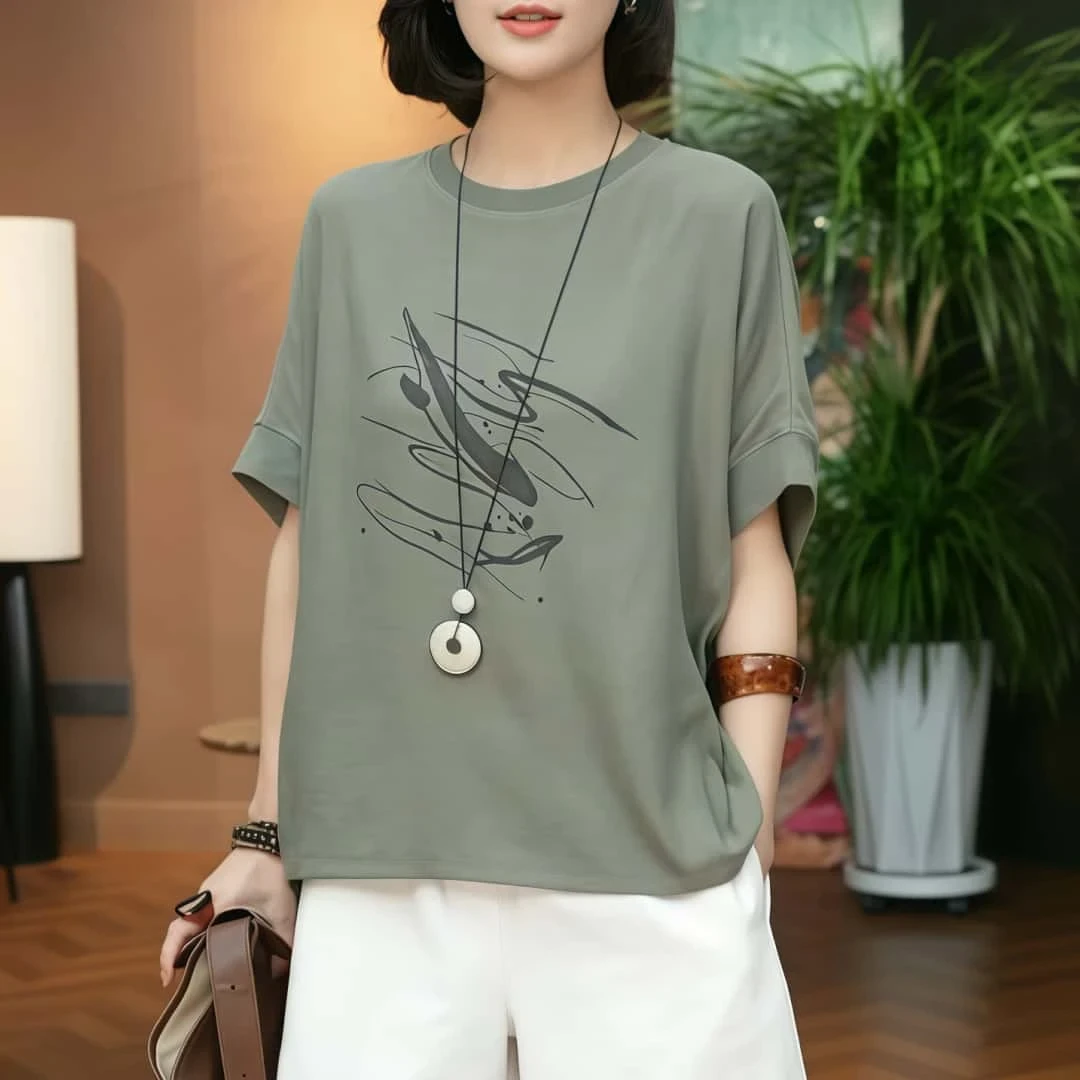 老钱风贵气印花短袖t桖女2025夏季新款休闲时尚潮流百搭宽松上衣
