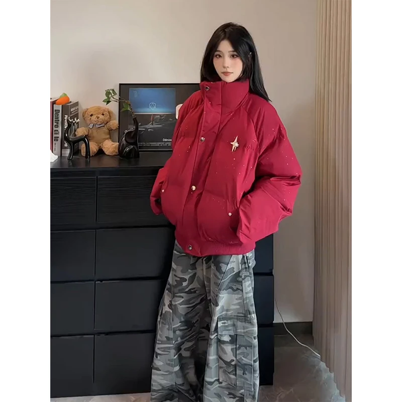 红色满天星工装羽绒棉服男女冬季boxy廓形加厚保暖棉衣短款面包服