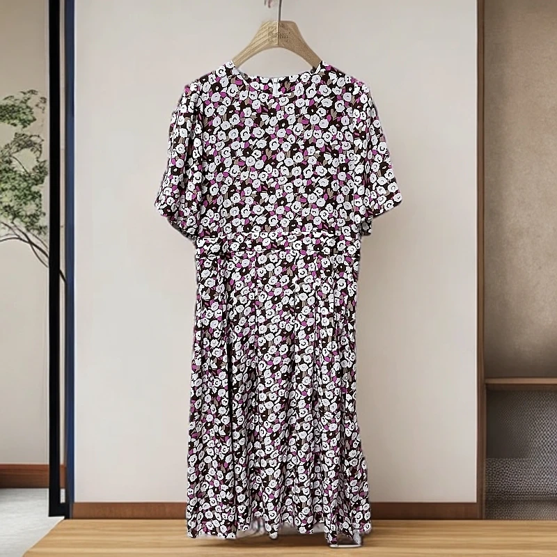 CJ059 林秀英 -C家  高端圆领碎花收腰泡泡袖真丝连衣裙 WAD1396