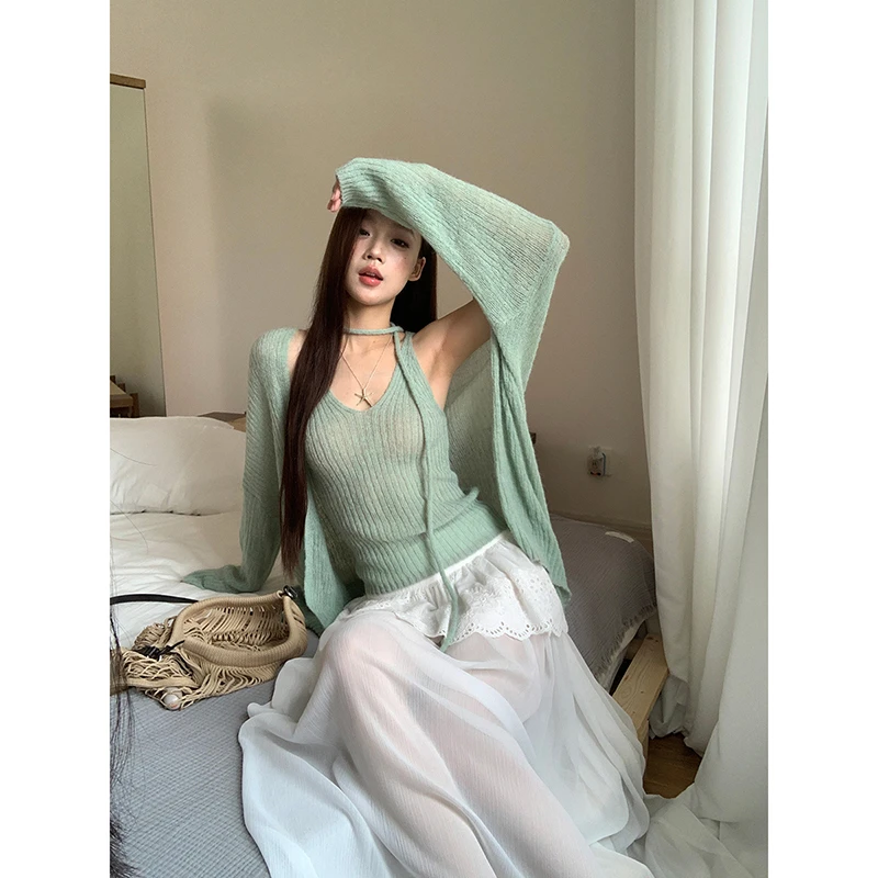 【HRG清仓】韩系气质温柔慵懒感针织开衫吊带时尚套装10890