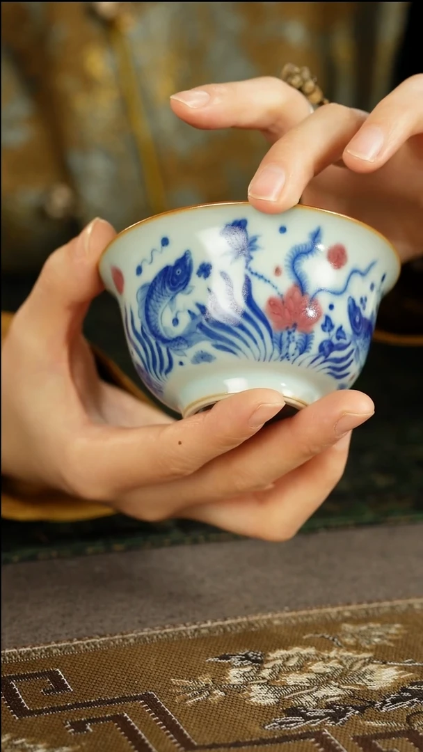 善窑厂汝窑青花釉里红压手杯