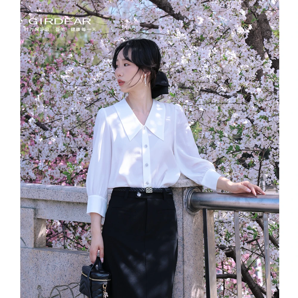 GIRDEAR/哥弟夏季薄款冰凉法式优雅气质白色短袖雪纺衬衫1300920