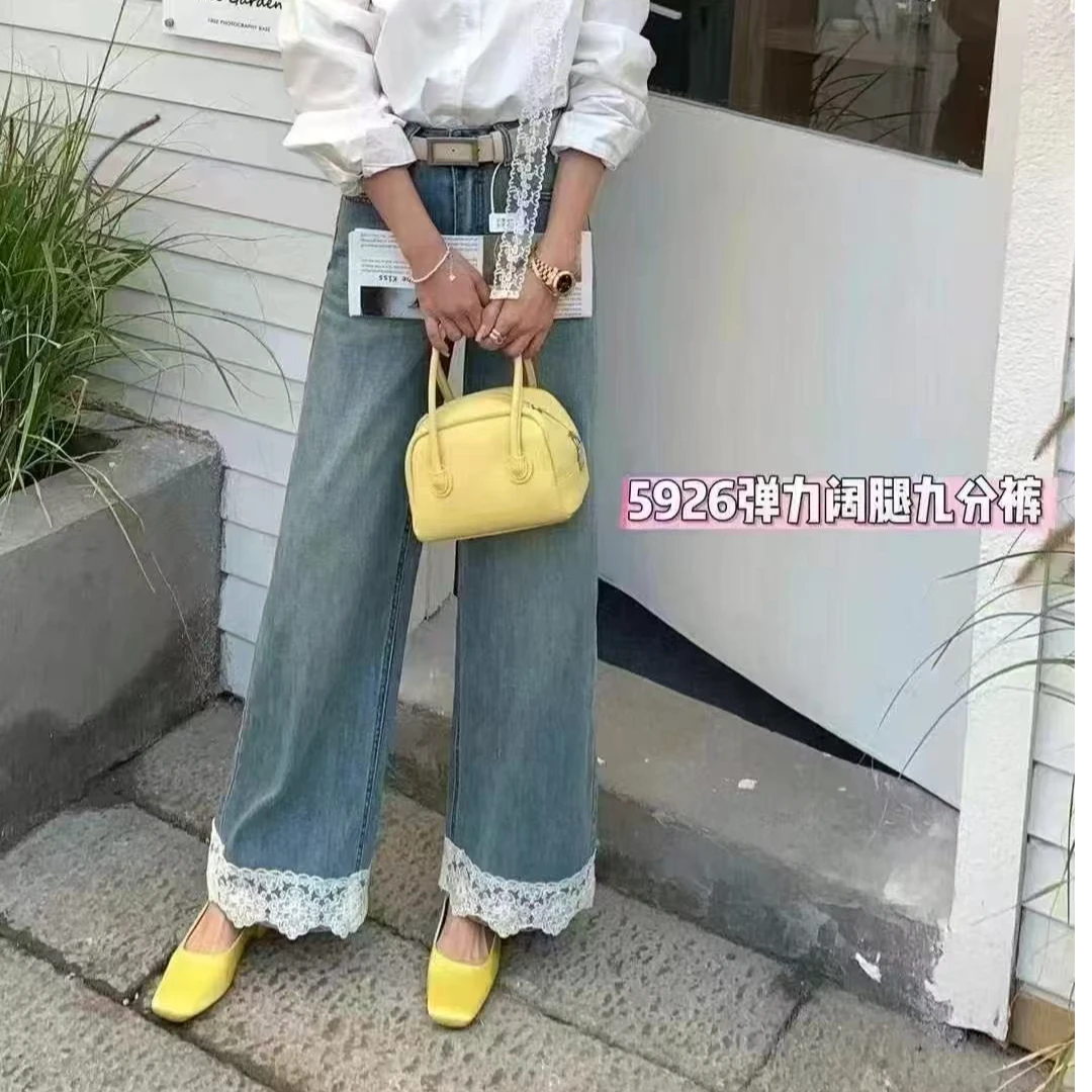 小芸姐春季女士时尚洋气拼蕾丝浅蓝色九分奶奶牛仔裤