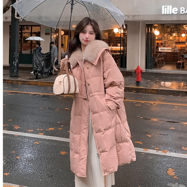 网红冬季2024女韩版时尚收腰大毛领加厚保暖中长款羽绒服