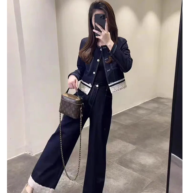 时尚牛仔外套女2025春季新款洋气质显瘦蕾丝拼接阔腿裤休闲上衣女